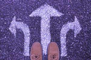 A pair of shoes stand in front of three diverging arrows painted on a road.